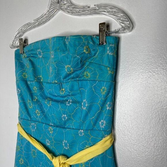 Ruth Women's Strapless Floral Embroidered Dress Size 2 Blue Yellow Bow Accent - Picture 2 of 11